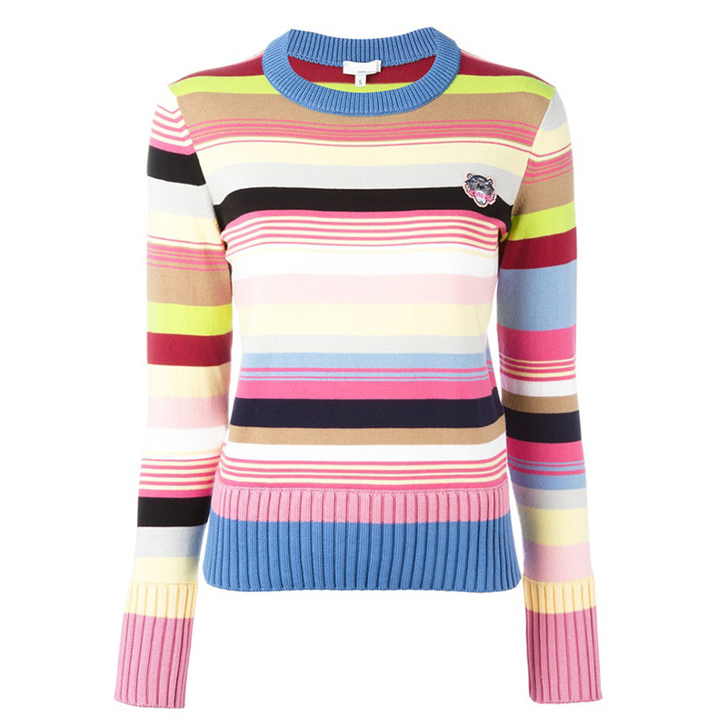 Pull en tricot à col rond multicolore de rayures multicolores de mélange de laine de dames